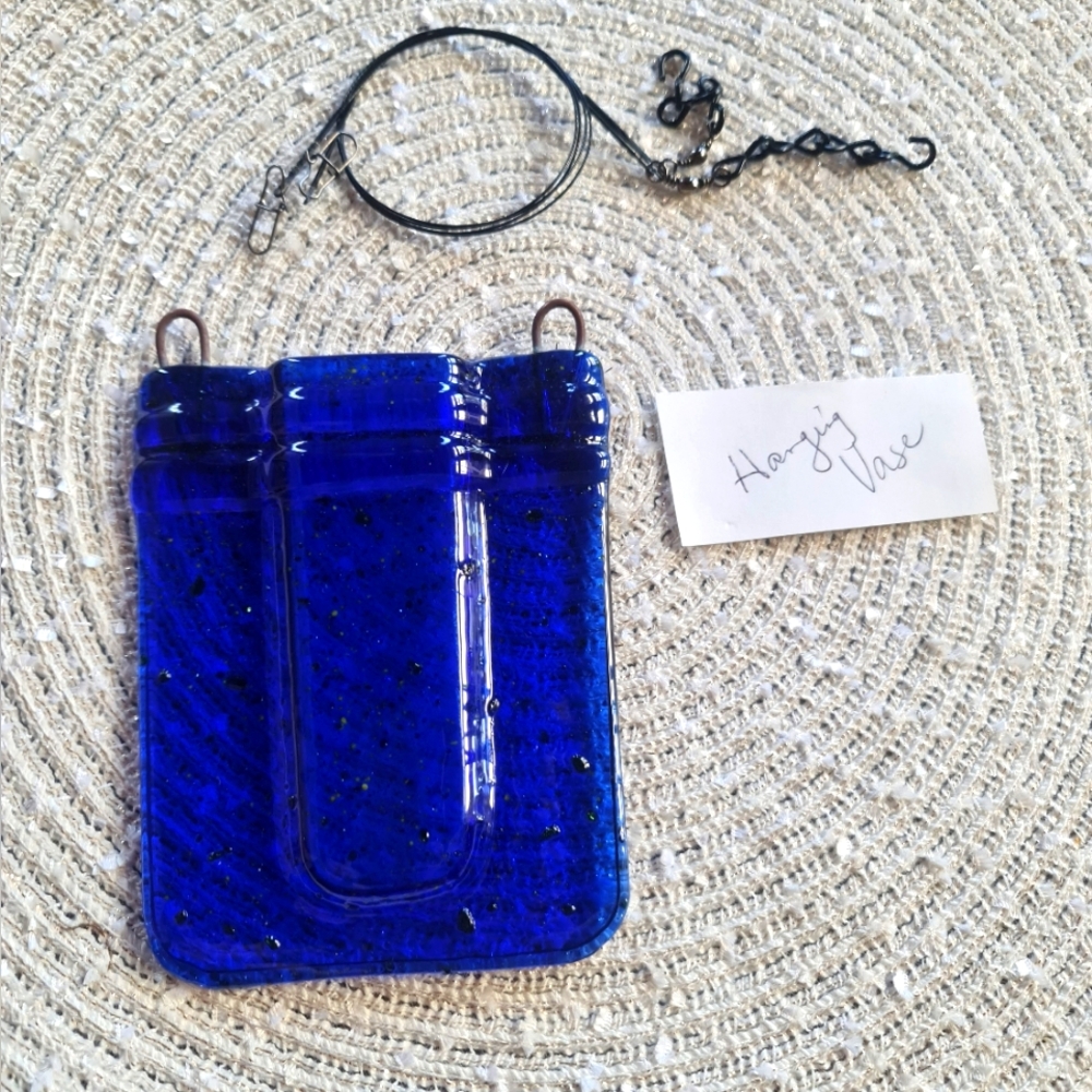 Blue Artist Hand-Blown Glass Hanging Vase Suncatcher New